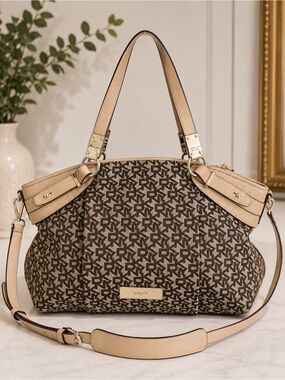 DKNY Vintage Brown Logo Jacquard Leather Trim Large Convertible Satchel crossbod